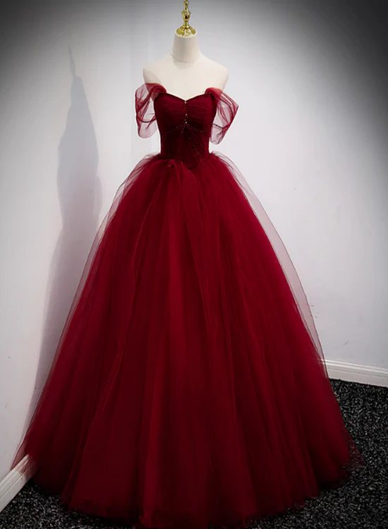 Charming A Line Off The Shoulder Wine Red Tulle  Long Prom Dress,Evening Dress GG364