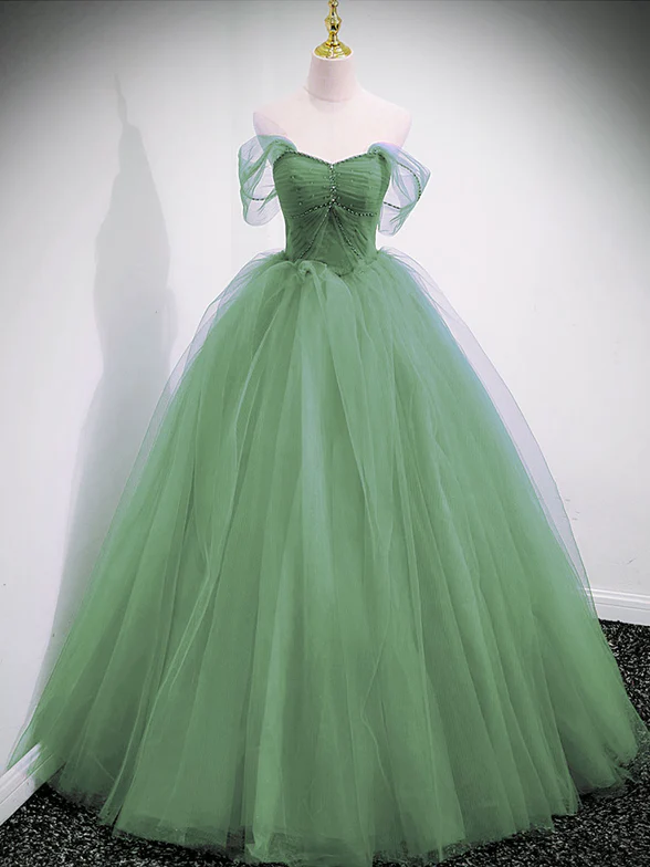 Charming A Line Off The Shoulder Green Tulle  Long Prom Dress,Evening Dress GG365