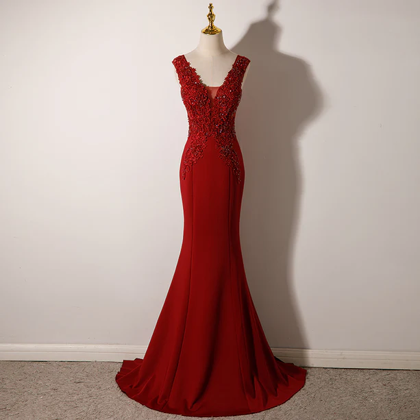 Glam Mermaid Wine Red Applique Beading Satin Long Prom Dress,Evening Dress GG371