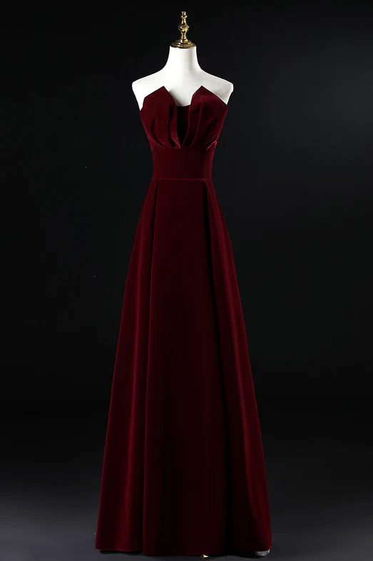 Beautiful A Line Strapless Wine Red Velvet Long Prom Dress,Evening Dress GG377