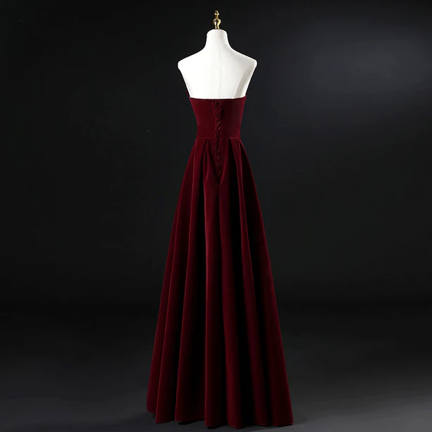 Beautiful A Line Strapless Wine Red Velvet Long Prom Dress,Evening Dress GG377