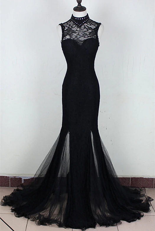 Charming Mermaid Black Backless Tulle Long Prom Dress,Evening Dress GG378