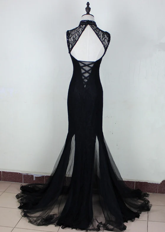 Charming Mermaid Black Backless Tulle Long Prom Dress,Evening Dress GG378