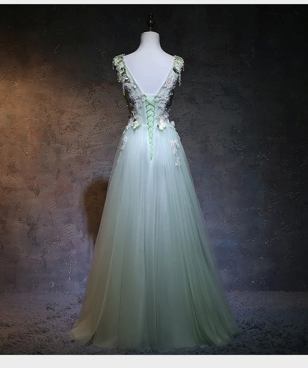 Beautiful  A Line Light Green Tulle Applique Long Prom Dress,Evening Dress GG381