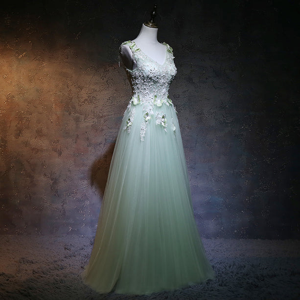 Beautiful  A Line Light Green Tulle Applique Long Prom Dress,Evening Dress GG381