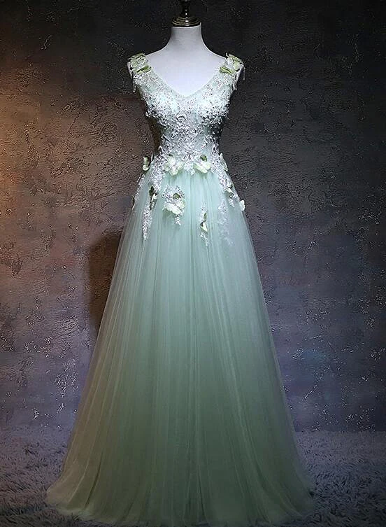 Beautiful  A Line Light Green Tulle Applique Long Prom Dress,Evening Dress GG381