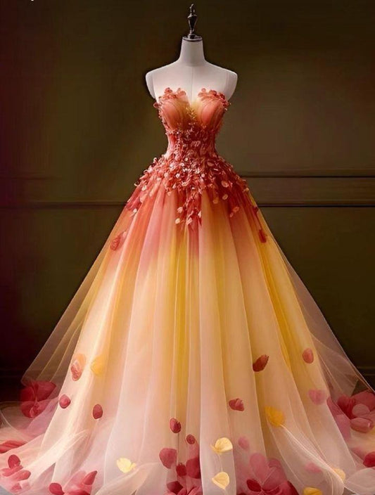 Chic A Line Sweetheart Orange Gradient Flowers Long Prom Dress,Wedding Dress,Evening Dress GG392