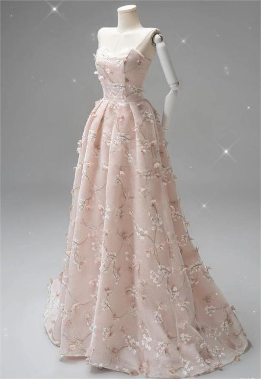 Chic A Line Strapless Soft Pink Applique Satin Long Prom Dress, Evening Dress GG465