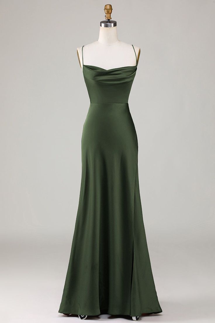 Simple A Line Green Spaghetti Straps Sleeveless Satin With Slit Long Prom Dress, Evening Dress GG468