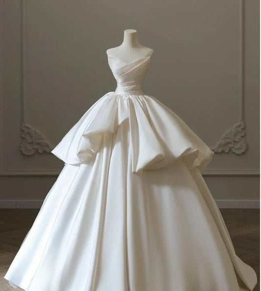 Elegant Ball Gown Strapless White Satin Two Layer Long Prom Dress,Wedding Dress,Evening Dress GG482