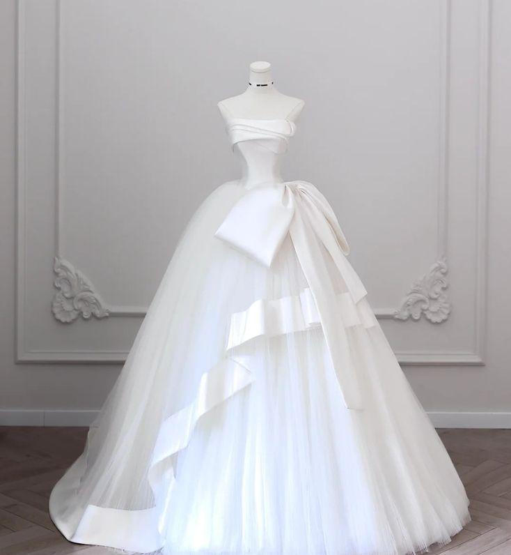 Beautiful Ball Gown Strapless White Satin Bow Tulle Long Prom Dress,Wedding Dress,Evening Dress GG484