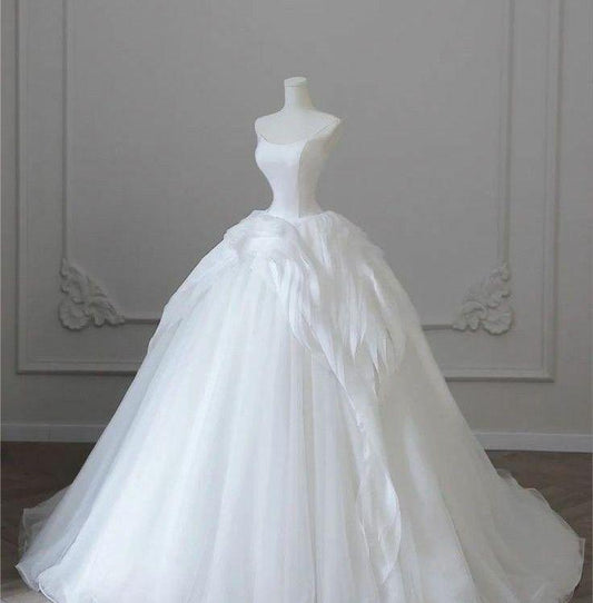 Simple Ball Gown Strapless White Satin Tulle Long Prom Dress,Wedding Dress,Evening Dress GG485