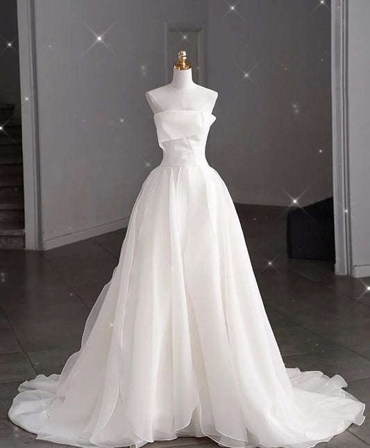 Simple A Line Strapless White Chiffon Long Prom Dress,Wedding Dress,Evening Dress GG489