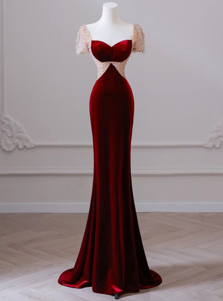 Burgundy Memraid Sweetheart Velvet Short Sleeve Beading Long Prom Dress,Evening Dress GG491