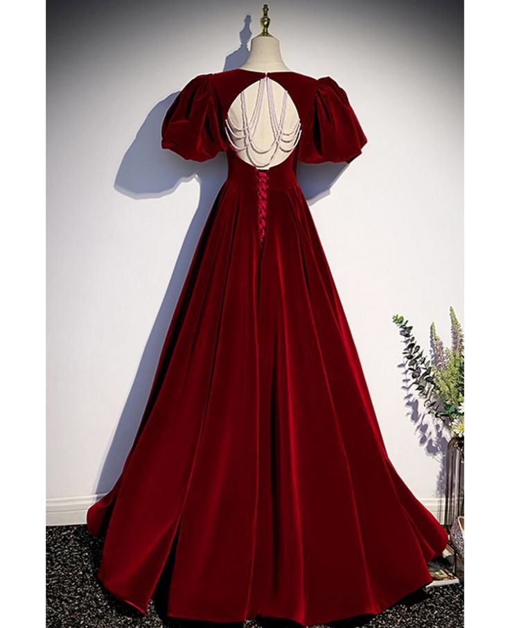 Burgundy Velvet A Line Puff Sleeve Backless Beading Long Prom Dress,Evening Dress GG494