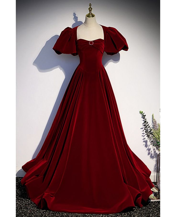 Burgundy Velvet A Line Puff Sleeve Backless Beading Long Prom Dress,Evening Dress GG494