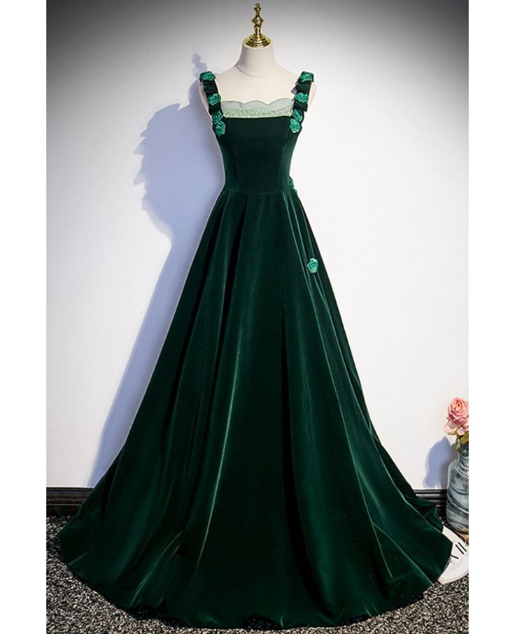 Vintage Dark Green A Line Square Flower  Shoulder Straps Velvet Long Prom Dress,Evening Dress GG495