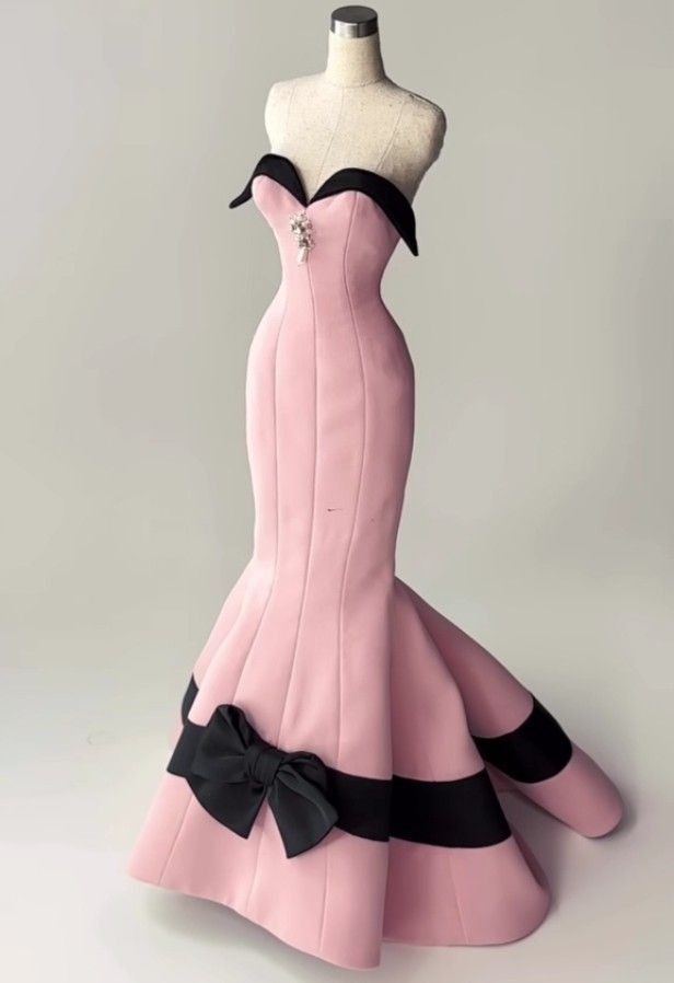 Graceful  Mermaid Strapless Sweetheart Pink Satin Black Bow Long Prom Dress,Evening Dress GG499