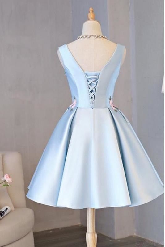 Sweet A Line Light Blue Sleeveless Satin Appliques Short Prom Dress, Homecoming Dress,Evening Dress GG510