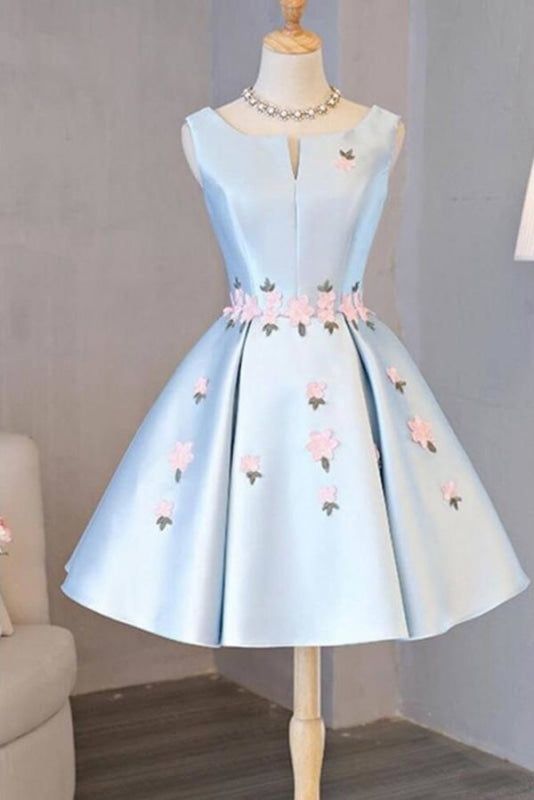 Sweet A Line Light Blue Sleeveless Satin Appliques Short Prom Dress, Homecoming Dress,Evening Dress GG510