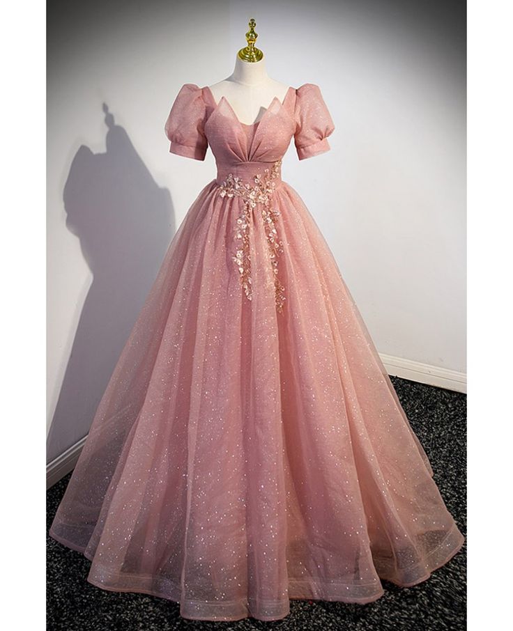 Bling Ball Gown Sequin Dark Peach Tulle Puff Sleeve Long Prom Dress,Evening Dress GG526