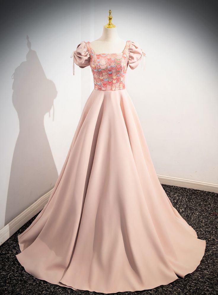 Bling A Line Square Pink Satin Puff Sleeve Long Prom Dress,Evening Dress GG527