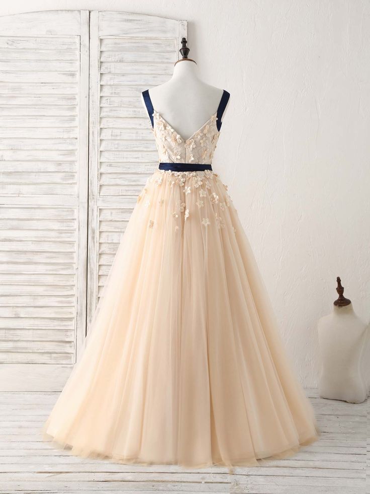 Unique A Line Champagne Tulle Applique Long Prom Dress,Evening Dress GG538