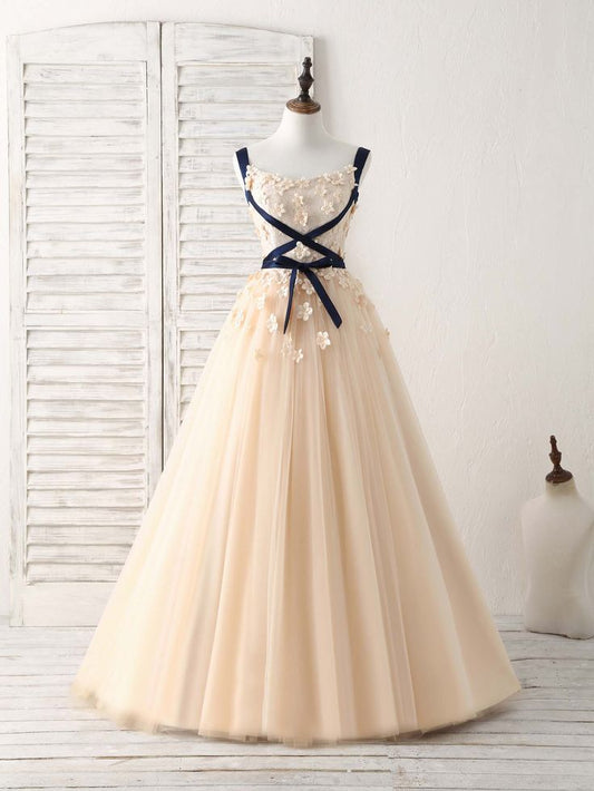 Unique A Line Champagne Tulle Applique Long Prom Dress,Evening Dress GG538