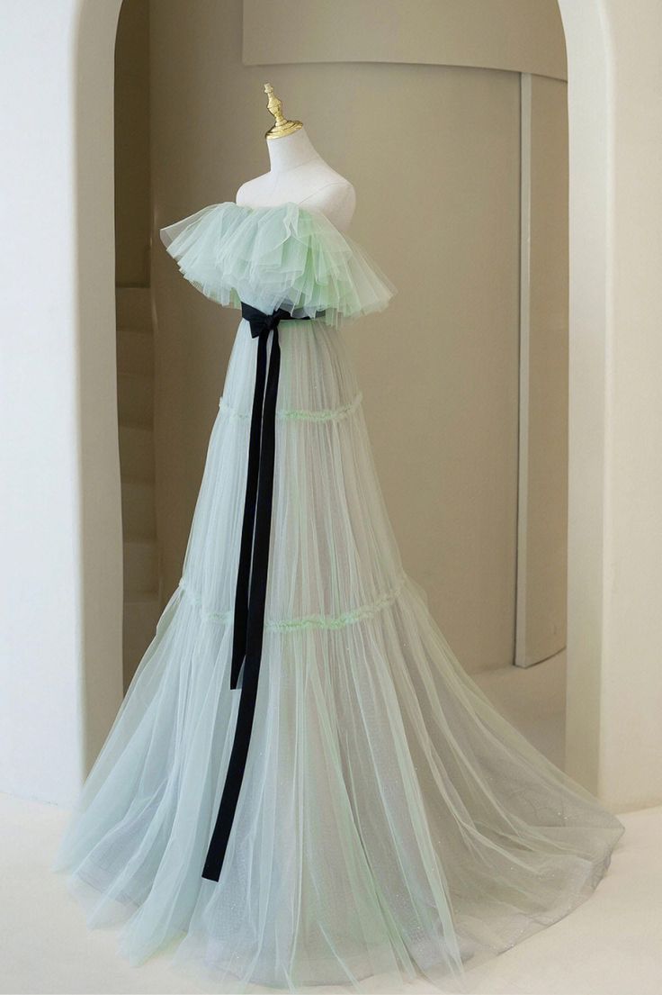 Sweet A Line Off The Shoulder Mint Green Tulle Long Prom Dress,Evening Dress GG541