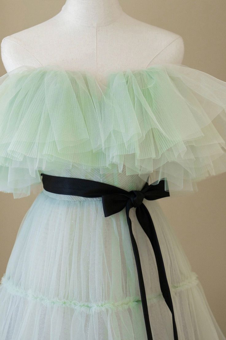 Sweet A Line Off The Shoulder Mint Green Tulle Long Prom Dress,Evening Dress GG541