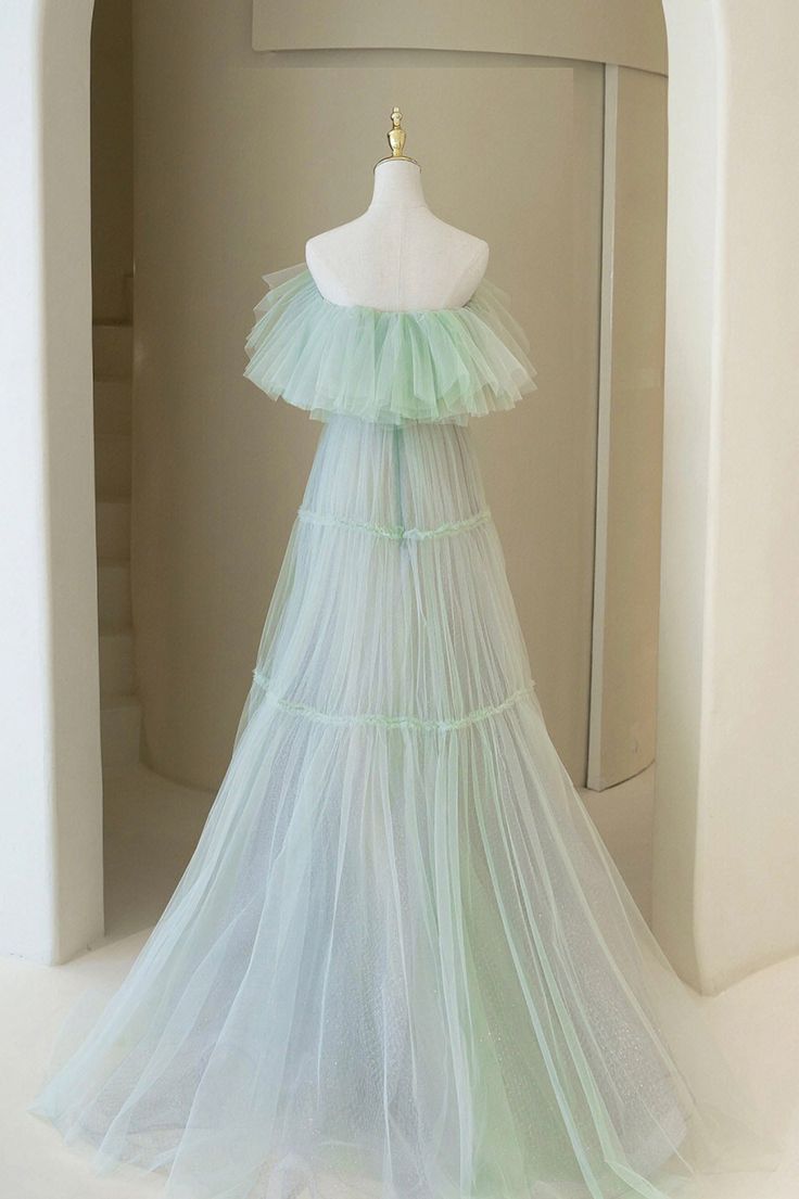 Sweet A Line Off The Shoulder Mint Green Tulle Long Prom Dress,Evening Dress GG541