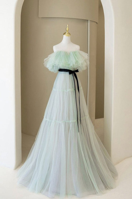 Sweet A Line Off The Shoulder Mint Green Tulle Long Prom Dress,Evening Dress GG541