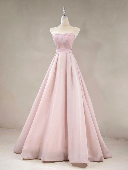 Sweet A Line Strapless Sweetheart Pink Satin Long Prom Dress,Evening Dress GG542