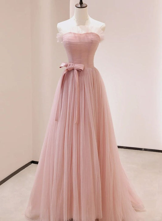 Simple A Line Strapless Sweetheart Peach Tulle Bow Long Prom Dress,Evening Dress GG543