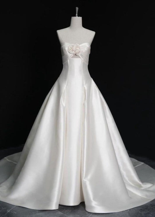 Elegant A Line Sweetheart White Satin Flower Long Prom Dress,Wedding Dress,Evening Dress GG546