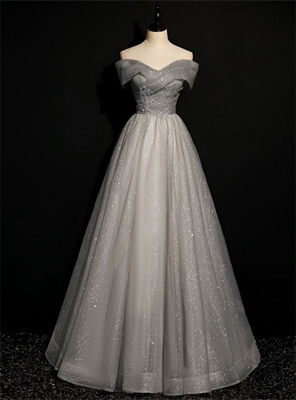 Graceful A Line Off The Shoulder Gray Tulle  Beading Long Prom Dress,Evening Dress GG548