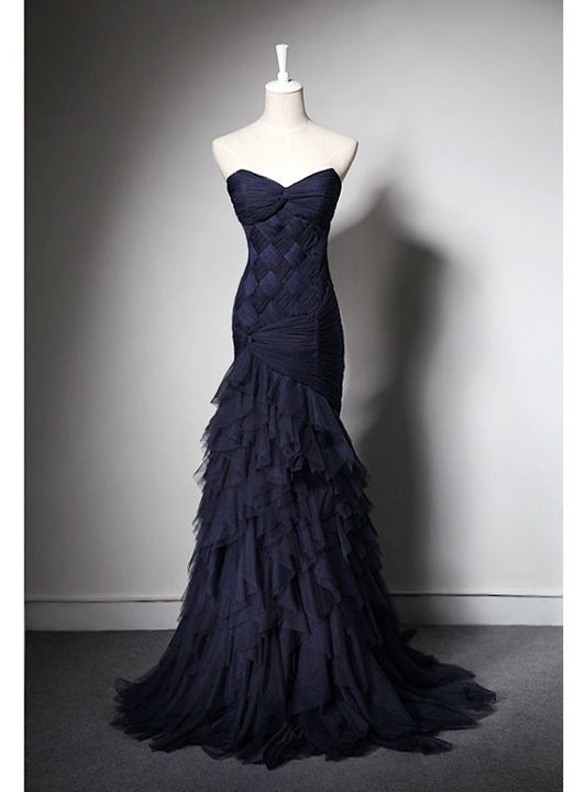 Unique Mermaid Strapless Navy Blue Tulle Pleats Long Prom Dress,Evening Dress GG552