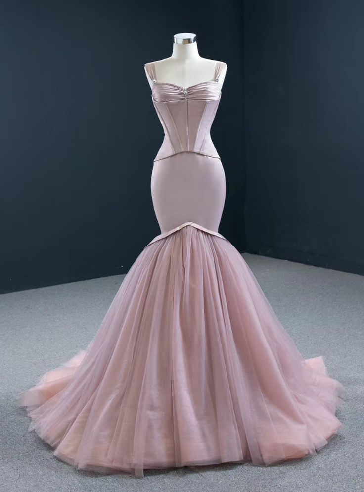 Simple Mermaid Sweetheart Satin Pleat Tulle Hem Long Prom Dress,Evening Dress GG566