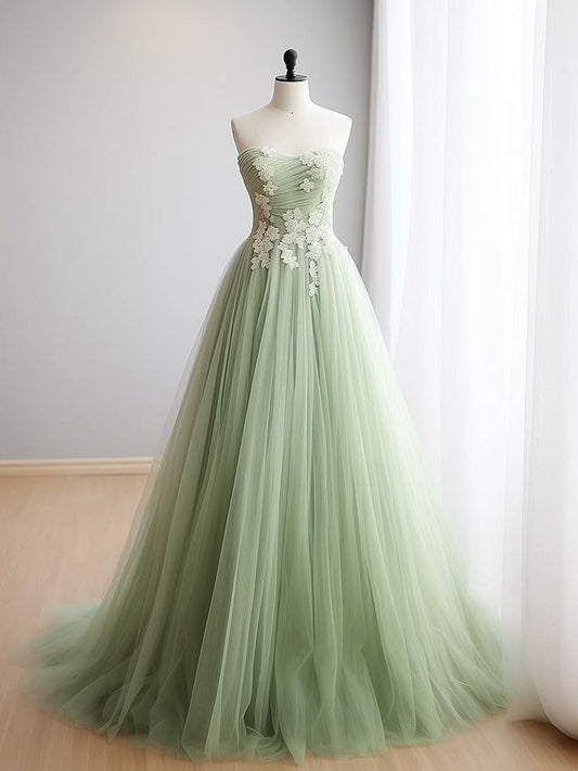 Simple A Line Sweetheart Applique Sage Tulle Long Prom Dress,Evening Dress GG570