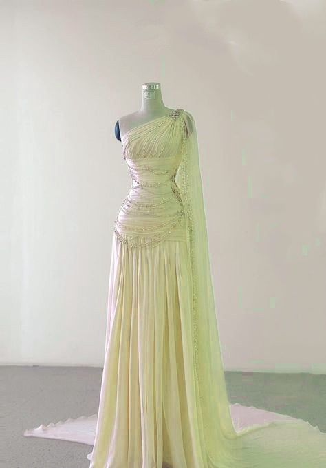 Elegant A Line One Shoulder Cape With Train Beaded Tulle Long Prom Dress,Evening Dress GG582