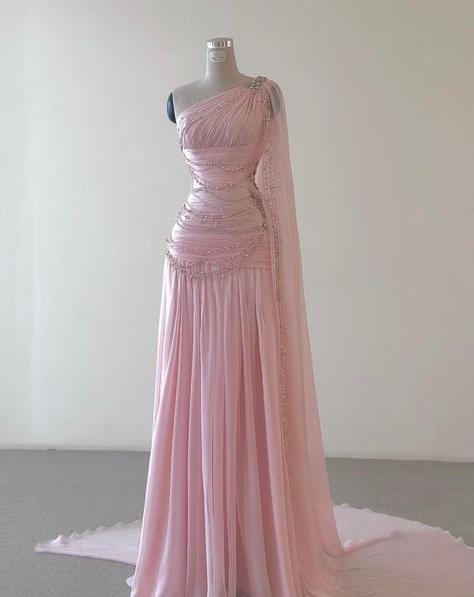 Elegant A Line One Shoulder Cape With Train Beaded Tulle Long Prom Dress,Evening Dress GG582