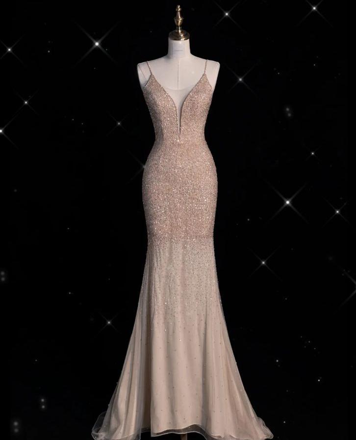 Shiny Mermaid V Neck Light Champagne Tulle Sequin Long Prom Dress,Evening Dress GG587