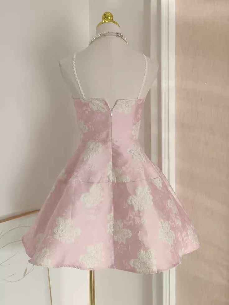 Exquisite A Line Pearls Straps Pink Satin Printing Short Prom Dress,Homecoming Dress,Evening Dress GG598