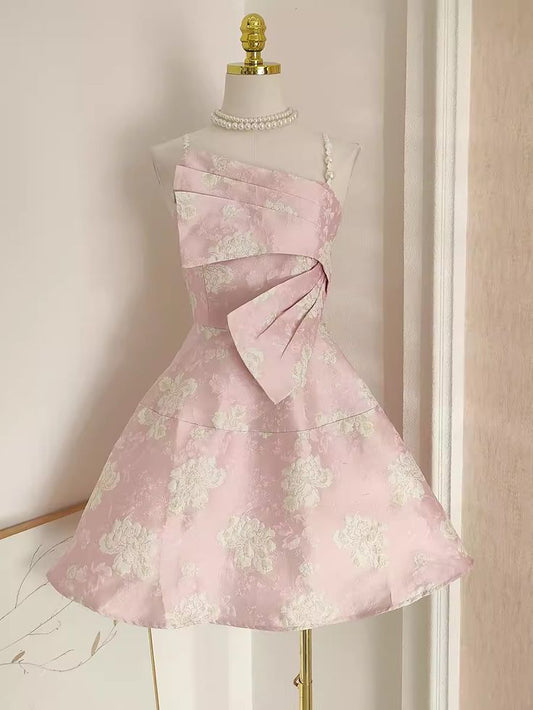 Exquisite A Line Pearls Straps Pink Satin Printing Short Prom Dress,Homecoming Dress,Evening Dress GG598