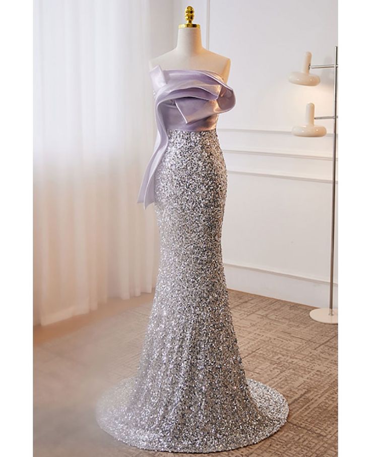 Unique Mermaid Strapless Purple Satin Silver Tulle Sequin Long Prom Dress,Evening Dress GG622