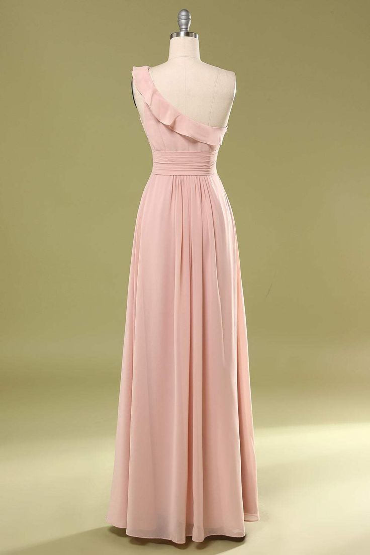 Simple A Line One Shoulder Ruffled Dusty Pink Chiffon Long Prom Dress,Evening Dress GG645