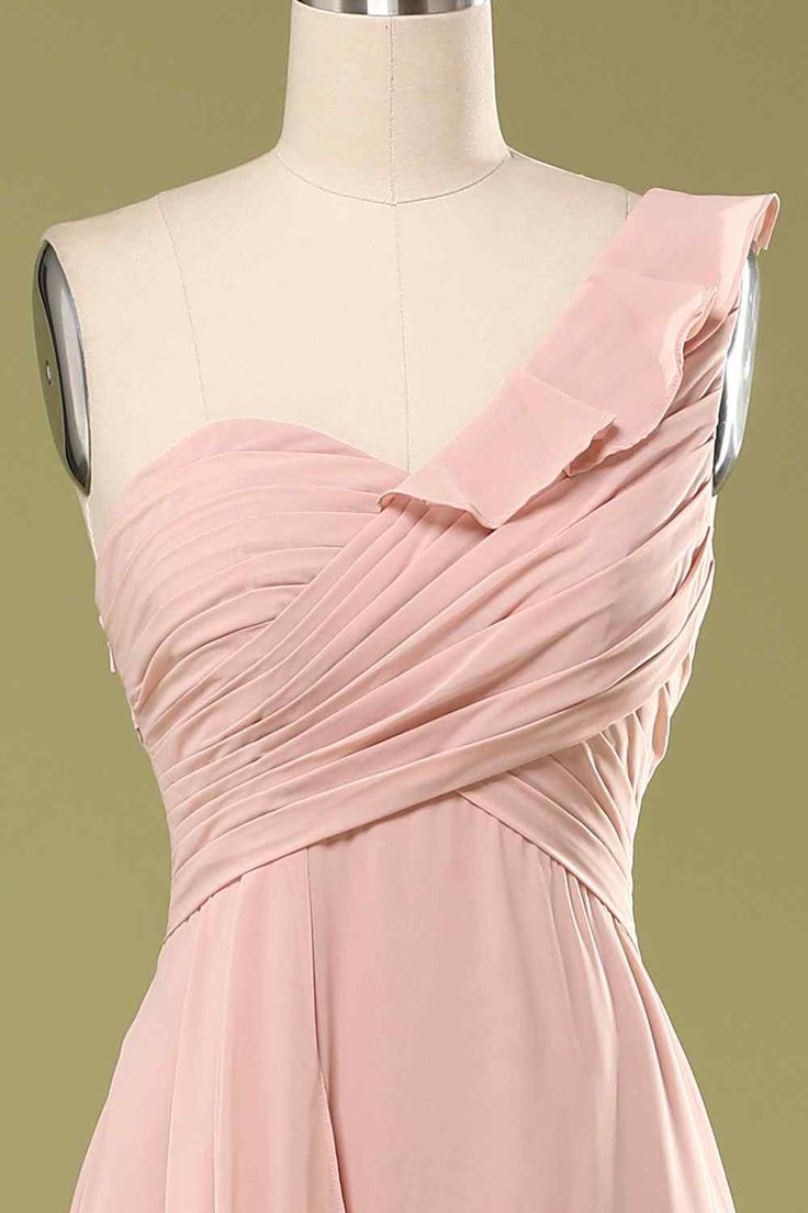 Simple A Line One Shoulder Ruffled Dusty Pink Chiffon Long Prom Dress,Evening Dress GG645