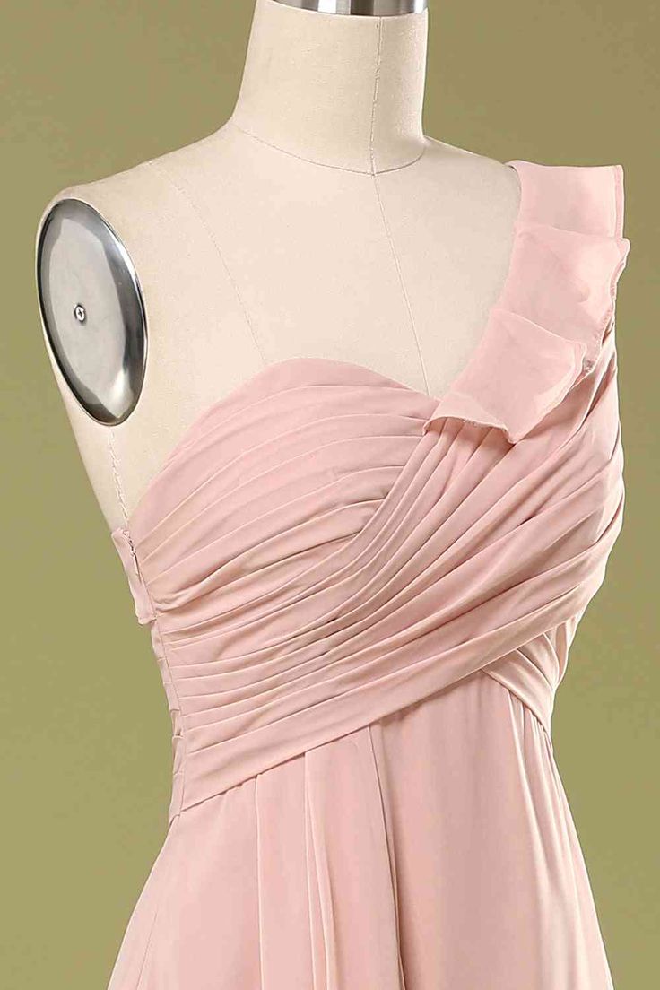 Simple A Line One Shoulder Ruffled Dusty Pink Chiffon Long Prom Dress,Evening Dress GG645