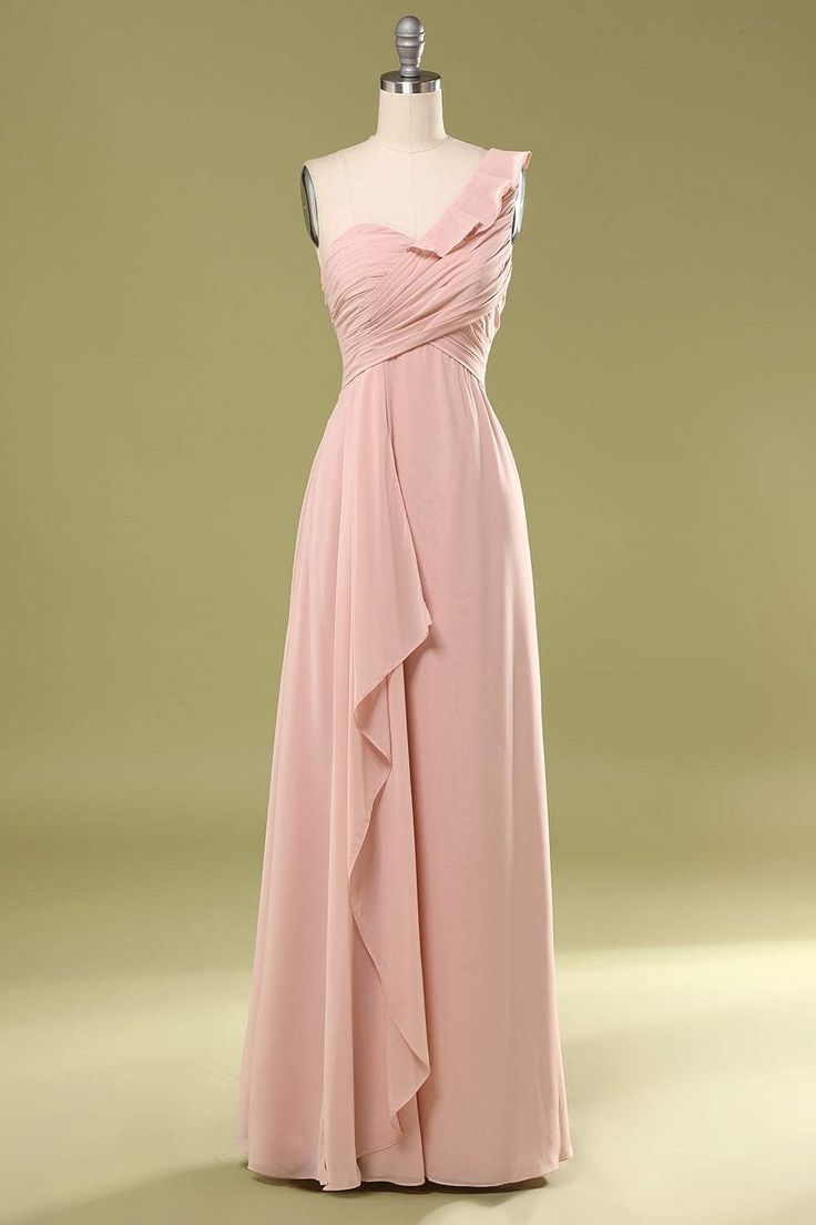 Simple A Line One Shoulder Ruffled Dusty Pink Chiffon Long Prom Dress,Evening Dress GG645