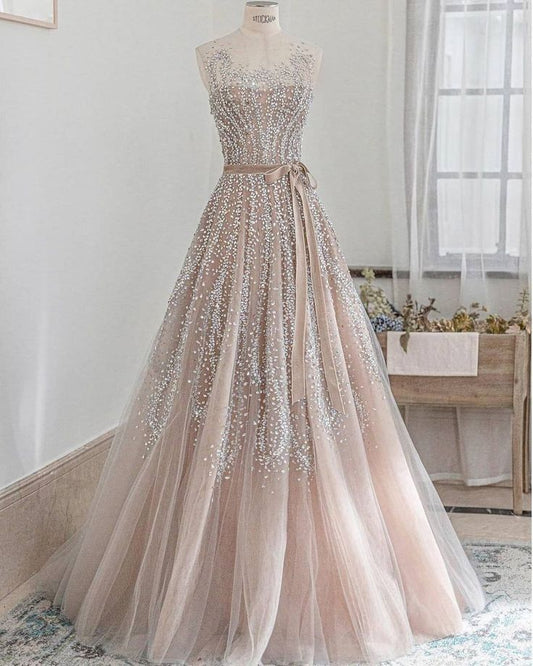 Chic A Line Crew Neck Beading Dusty Pink Tulle Long Prom Dress,Evening Dress GG649